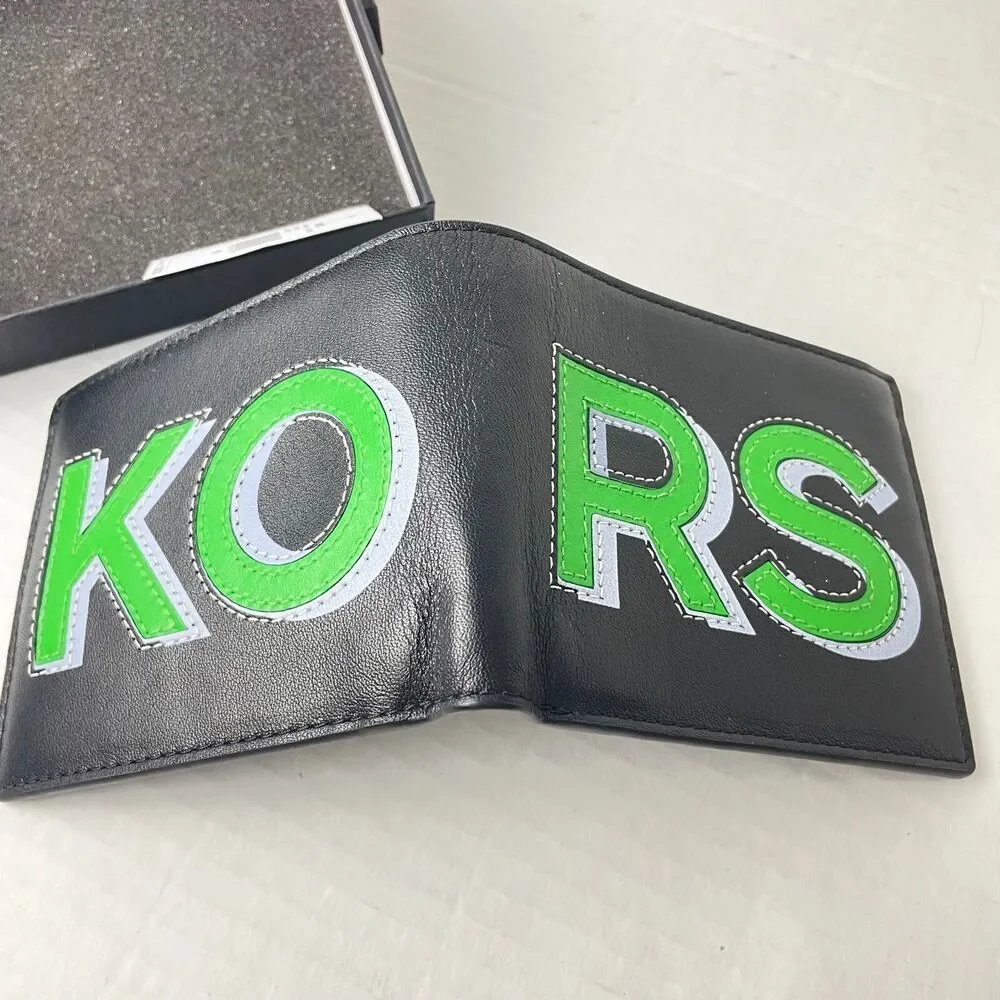 Michael Kors Men Bold Logo Billfold Black Palm‎ Green Leather Wallet Cooper